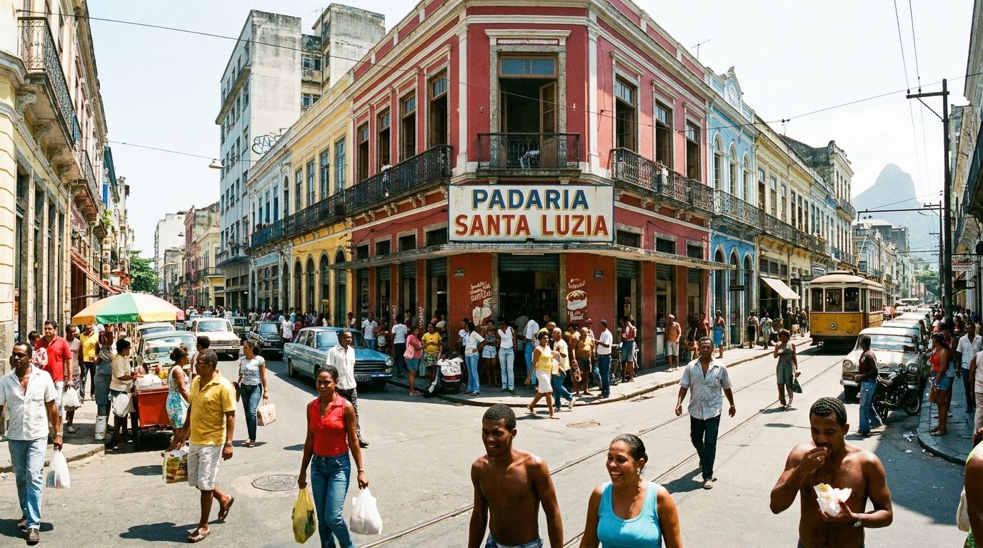 A wide-angle photograph capturing a bustling street corner in a vibrant Brazilian city, with pedestrians, colorful historic buildings, and a visible "padaria" (bakery) sign. The scene is bathed in bright daylight, showcasing the lively atmosphere of the city center.
