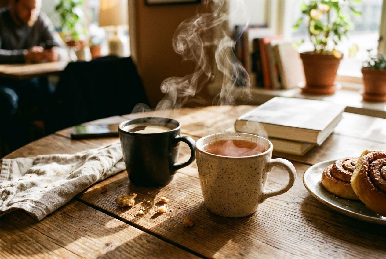 A top-down, slightly angled close-up photograph of a rustic wooden table in a cozy, sunlit Swedish cafe, featuring two steaming mugs – one with tea and one with coffee – inviting a choice. The background is softly blurred, showing a warm, inviting atmosphere, perfect for a 3:2 landscape frame.