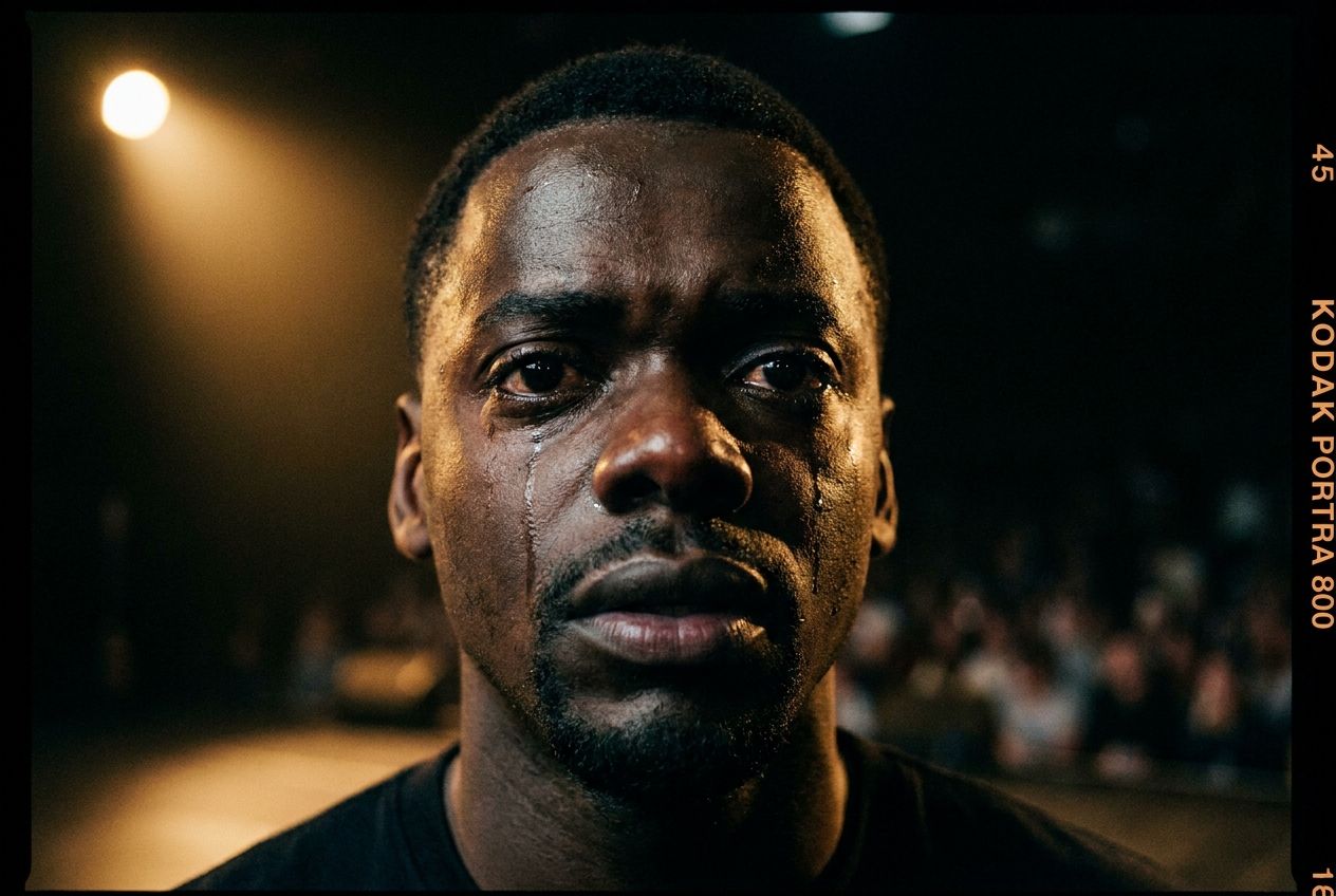 Dramatic close-up photograph of an actor's face on a dimly lit stage, conveying intense emotion during a powerful theatrical performance. Sharp focus on their expressive eyes, with subtle, dramatic stage lighting highlighting their features against a softly blurred background, composed for a 3:2 landscape frame.