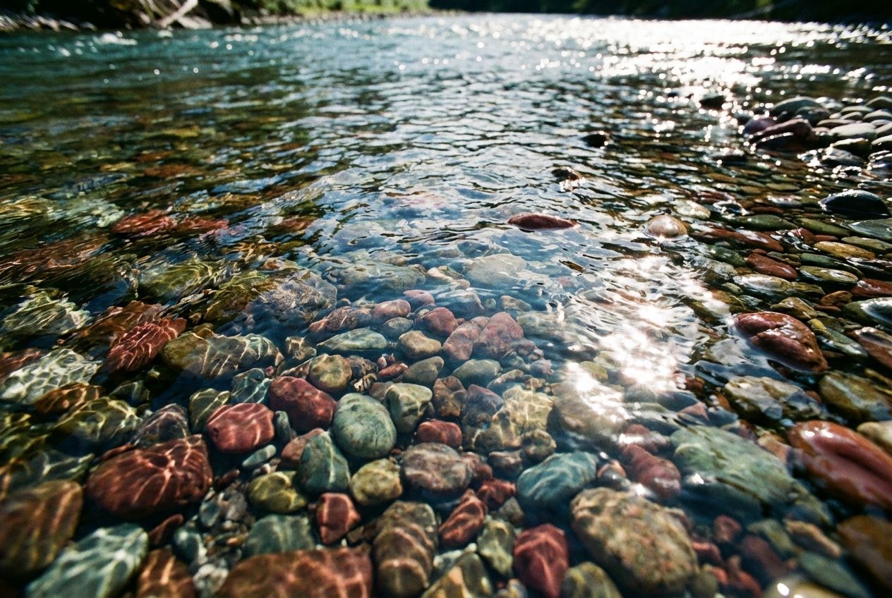A dramatic, low-angle, close-up photograph of the bed of a clear, flowing river. Smooth, wet river pebbles of various sizes and colours are visible beneath the gently rippling water, with sunlight glinting on the surface, composed for a 3:2 landscape frame.