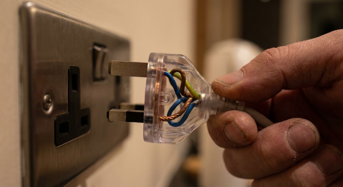 A dramatic, close-up photograph of a hand carefully inserting a UK three-pin plug into a modern wall socket. The plug's casing is slightly transparent or open, subtly revealing the brown, blue, and green-and-yellow striped wires inside, with a sharp focus on the plug and wires.