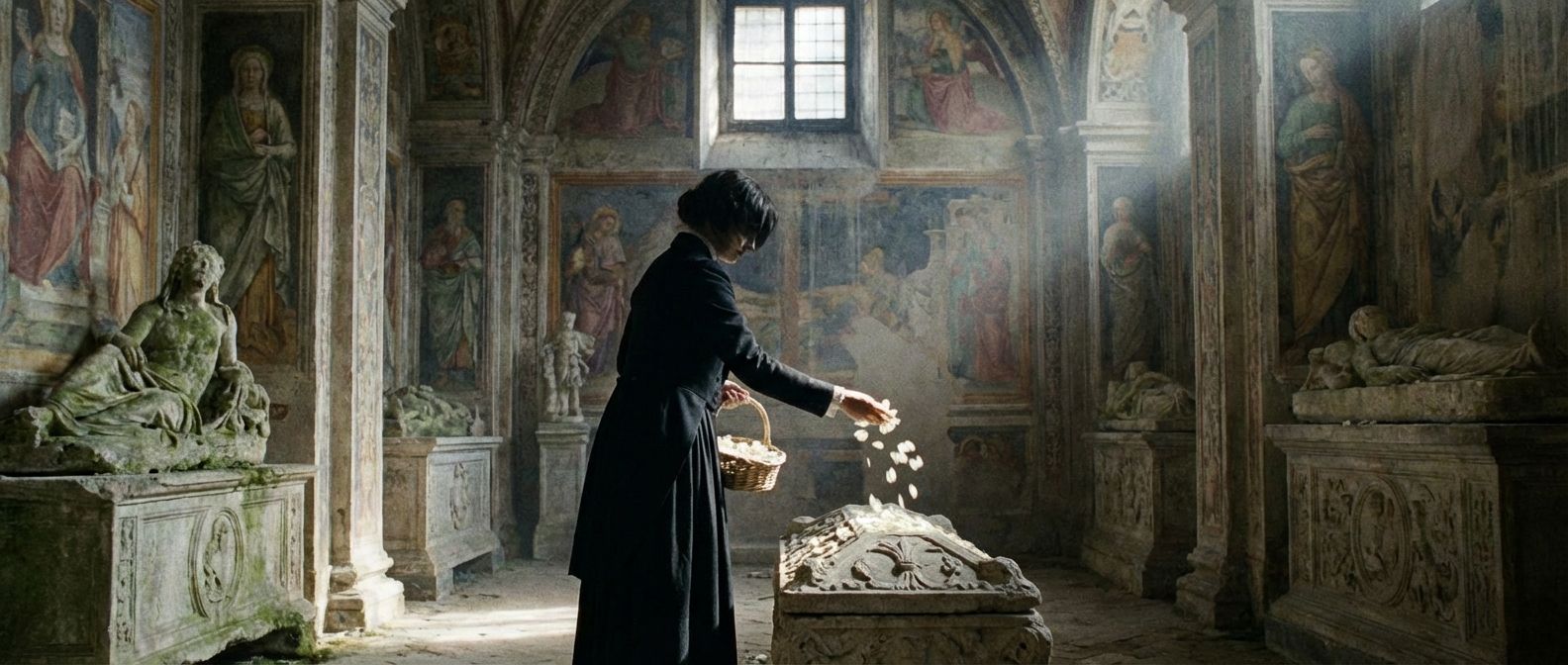 A dramatic wide-angle photograph inside a grand, dimly lit Italian Renaissance crypt or tomb. A lone, formally dressed figure, partially obscured by shadow, scatters delicate white flowers over a stone sarcophagus. Motes of dust catch in the faint, ethereal light filtering from a high window, creating a somber and tragically beautiful atmosphere.