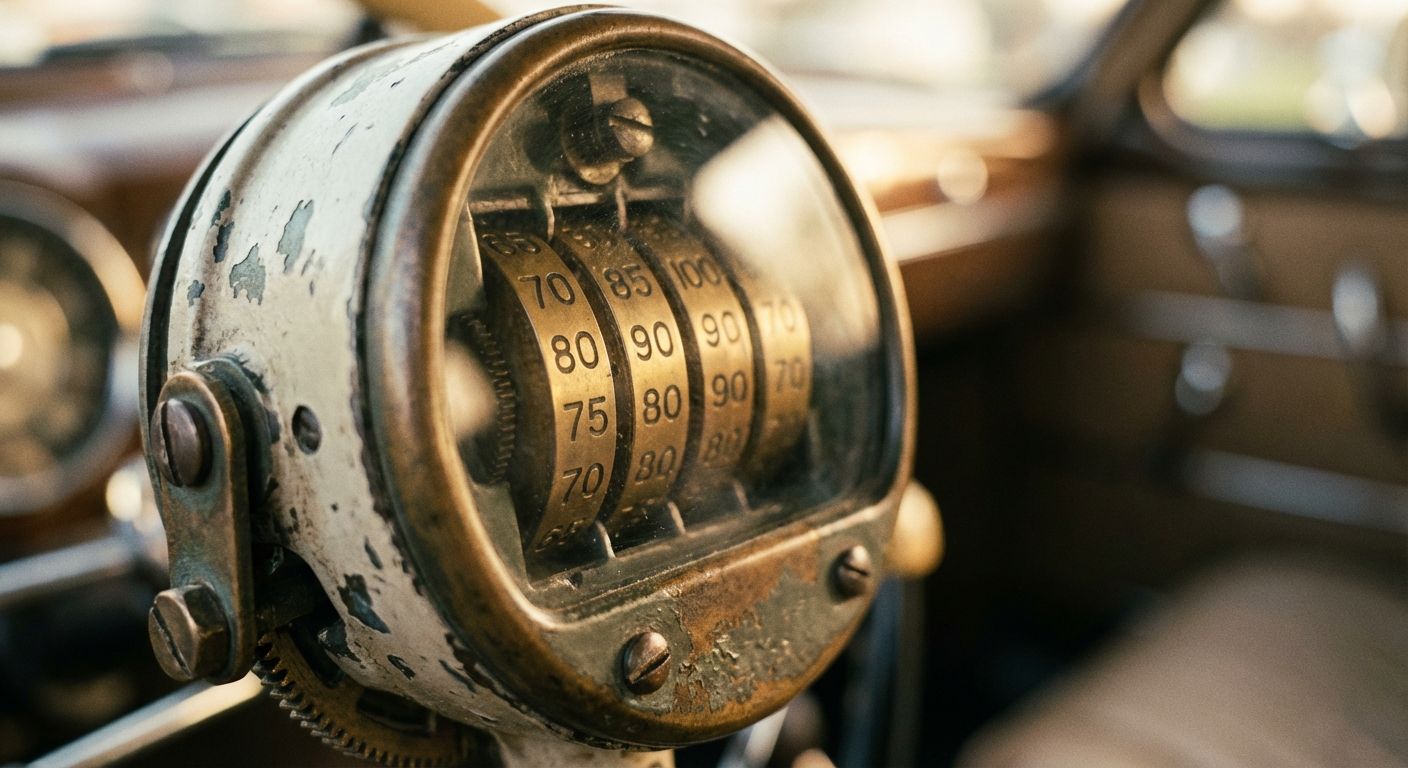 The image is a close-up shot of an antique odometer inside an old car. The odometer is encased in a weathered, metallic housing with a clear glass cover, secured with screws. The housing has chipped paint and visible wear, suggesting age and use. Inside, the rotating number wheels display numerical values in a vintage font.

The color palette is warm and muted, dominated by browns, golds, and off-whites, contributing to the nostalgic feel. The depth of field is shallow, with the odometer in sharp focus and the car's interior in the background softly blurred, drawing the viewer's attention to the central subject. The composition emphasizes detail and texture.
