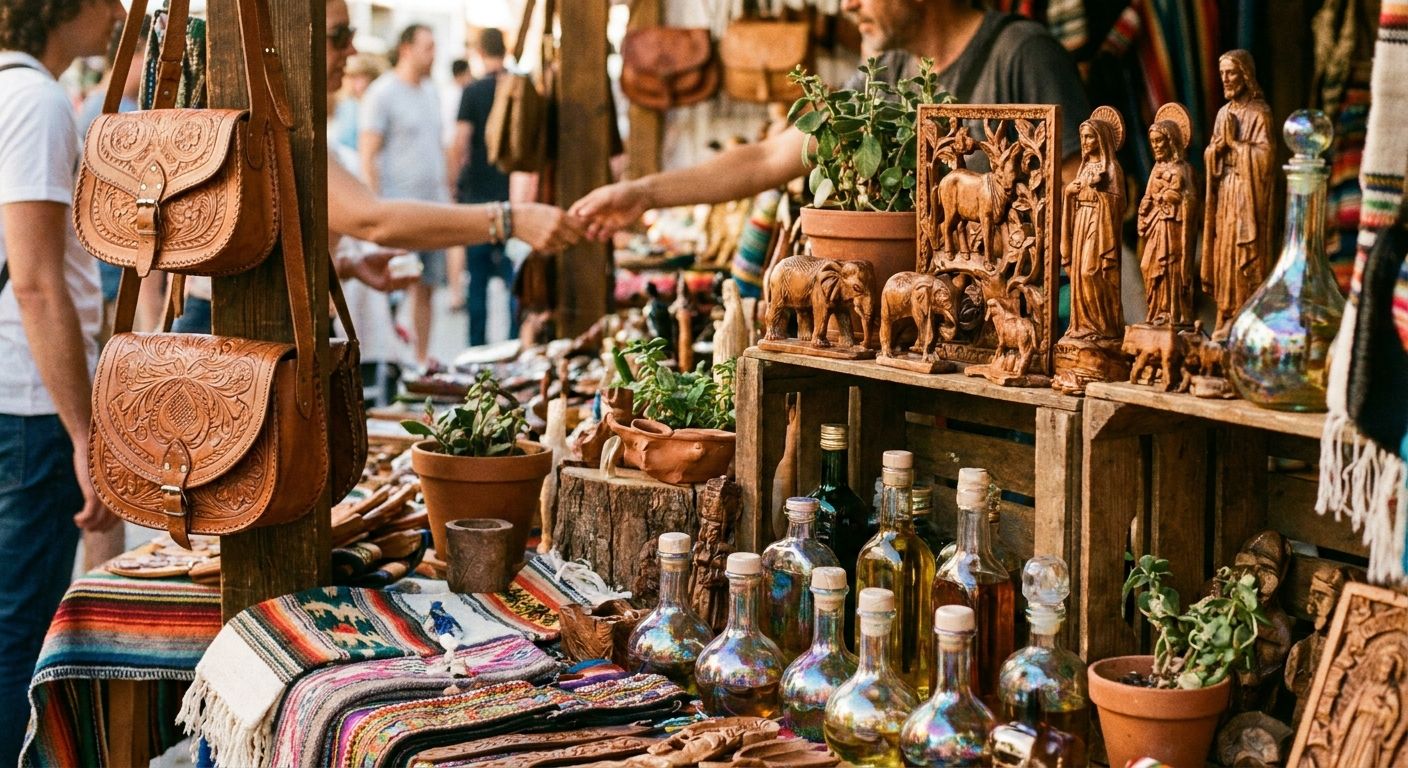 A vibrant close-up photograph of a Spanish artisan market stall, showcasing a rich variety of handcrafted objects. Focus on a display with beautiful leather bags, intricate wooden carvings, colorful woven fabrics, and shiny glass bottles of various sizes. The scene is bathed in warm natural light, emphasizing textures and details, with people browsing in the softly blurred background, suggesting a lively atmosphere.