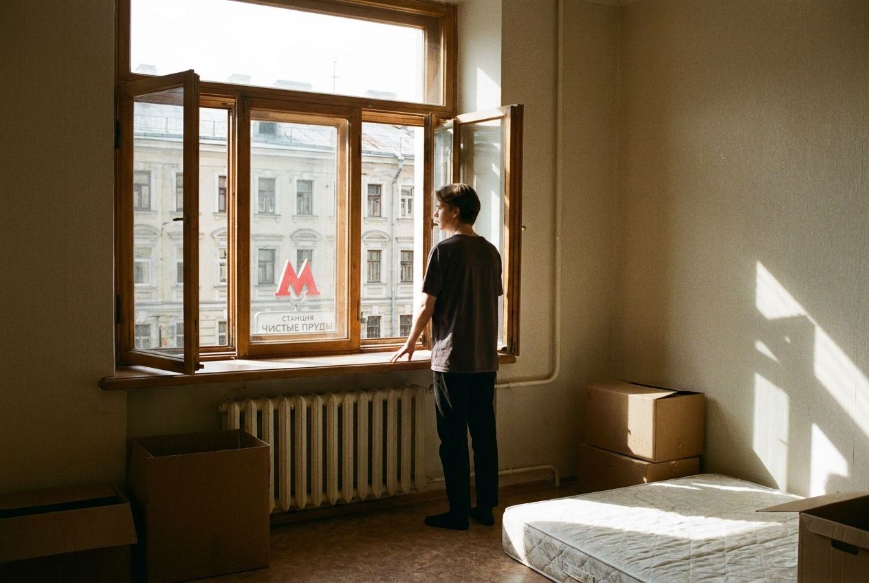 A candid photograph of a young person standing by a large window inside a bright, newly rented Russian apartment, gazing out at a quiet residential street with a glimpse of a metro station sign, bathed in warm afternoon sunlight, captured in a 3:2 landscape frame.