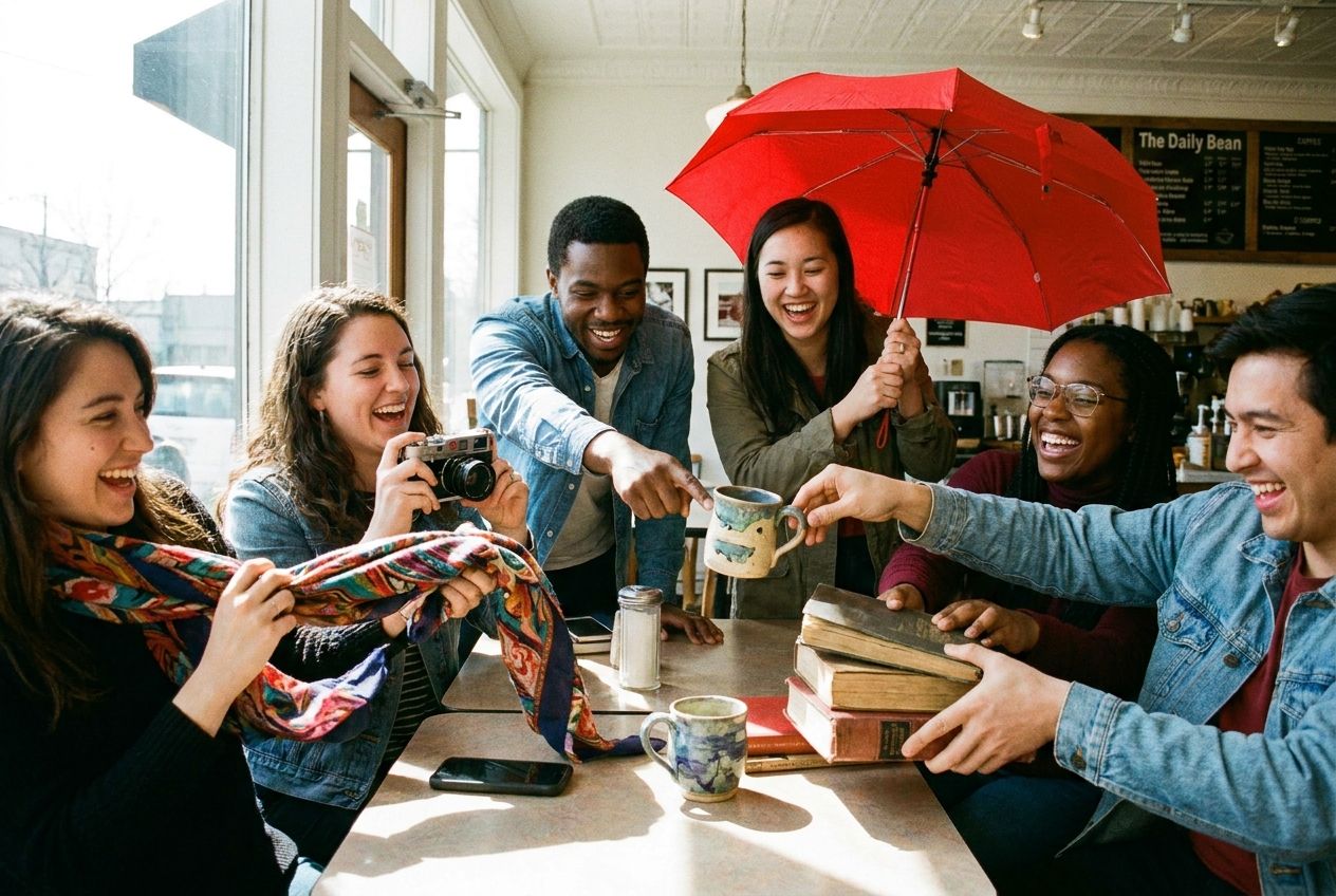 A candid, wide-angle photograph captures a diverse group of friends at a lively cafe table, each person playfully gesturing towards or picking up their unique belongings like a colorful scarf, a vintage camera, a distinctive coffee cup, a bright red umbrella, and a pile of books. The scene is vibrant and natural, conveying the act of identifying and claiming possessions, composed for a 3:2 landscape frame.