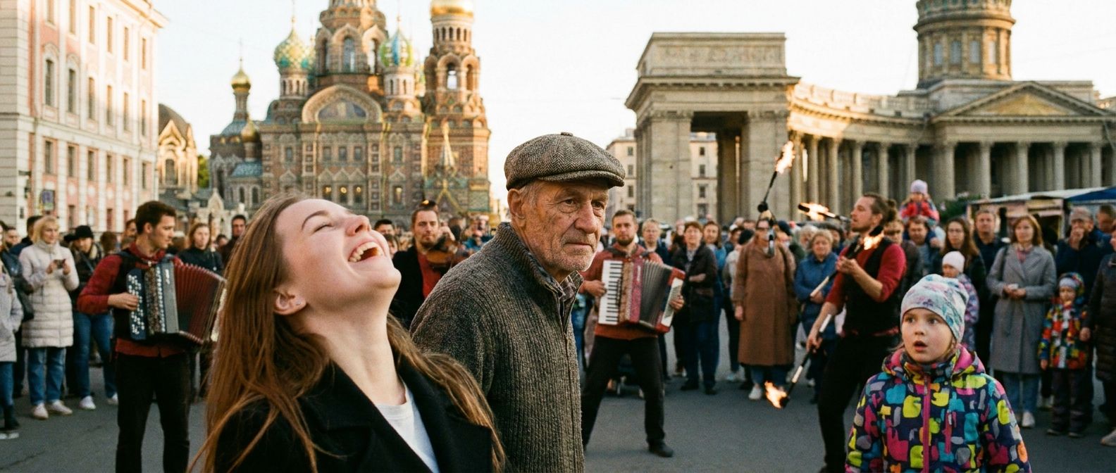 A wide, candid photograph of a lively outdoor street performance in a bustling square in St. Petersburg, Russia. In the foreground, a young woman throws her head back in joyful laughter, while slightly behind her, an older man watches with a thoughtful, almost melancholic expression. A child next to him gazes with wide-eyed curiosity at the performers, all bathed in the golden hour light, with blurred historic Russian architecture in the background.