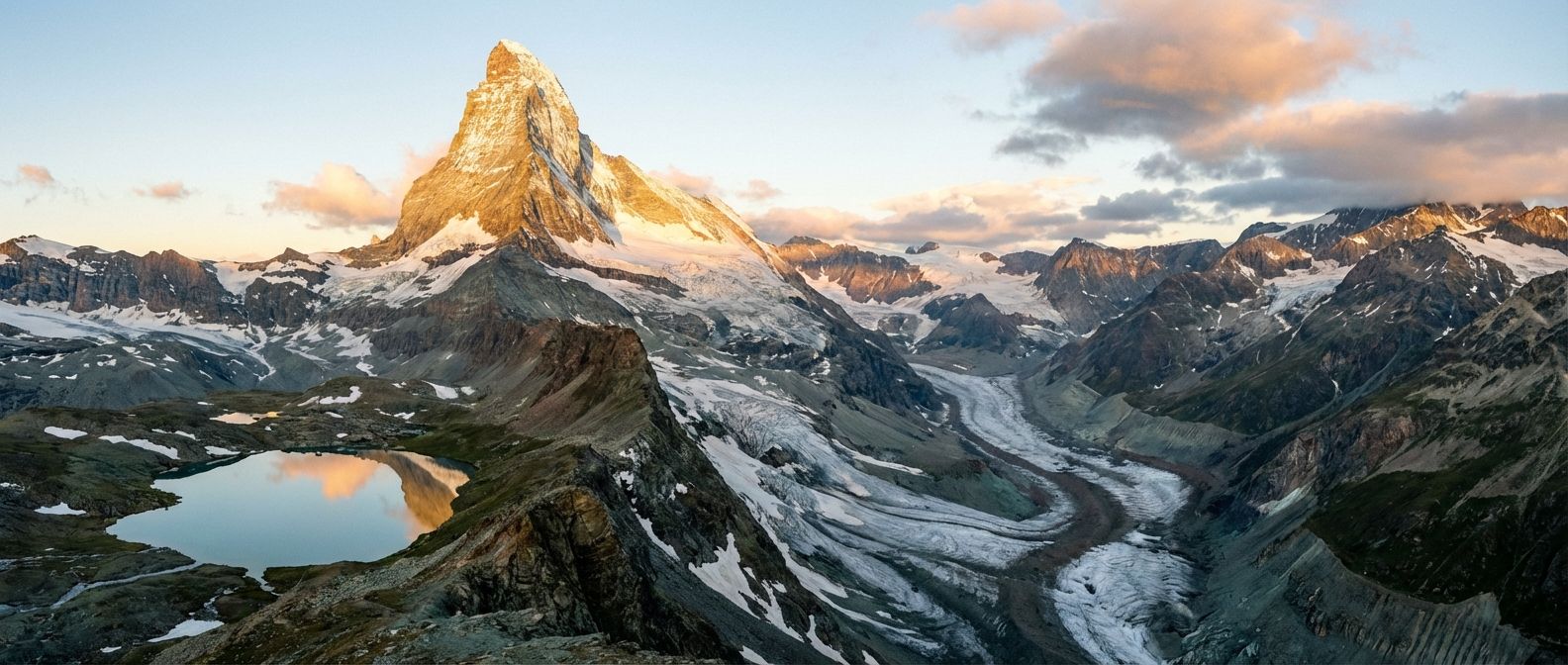 A dramatic wide-angle photograph of a majestic pyramidal peak, reminiscent of the Matterhorn, dominating a vast, rugged glacial landscape. Sharp arêtes and a deep U-shaped valley are visible, with a pristine tarn reflecting the golden light of dawn, emphasizing the immense power of glacial erosion.