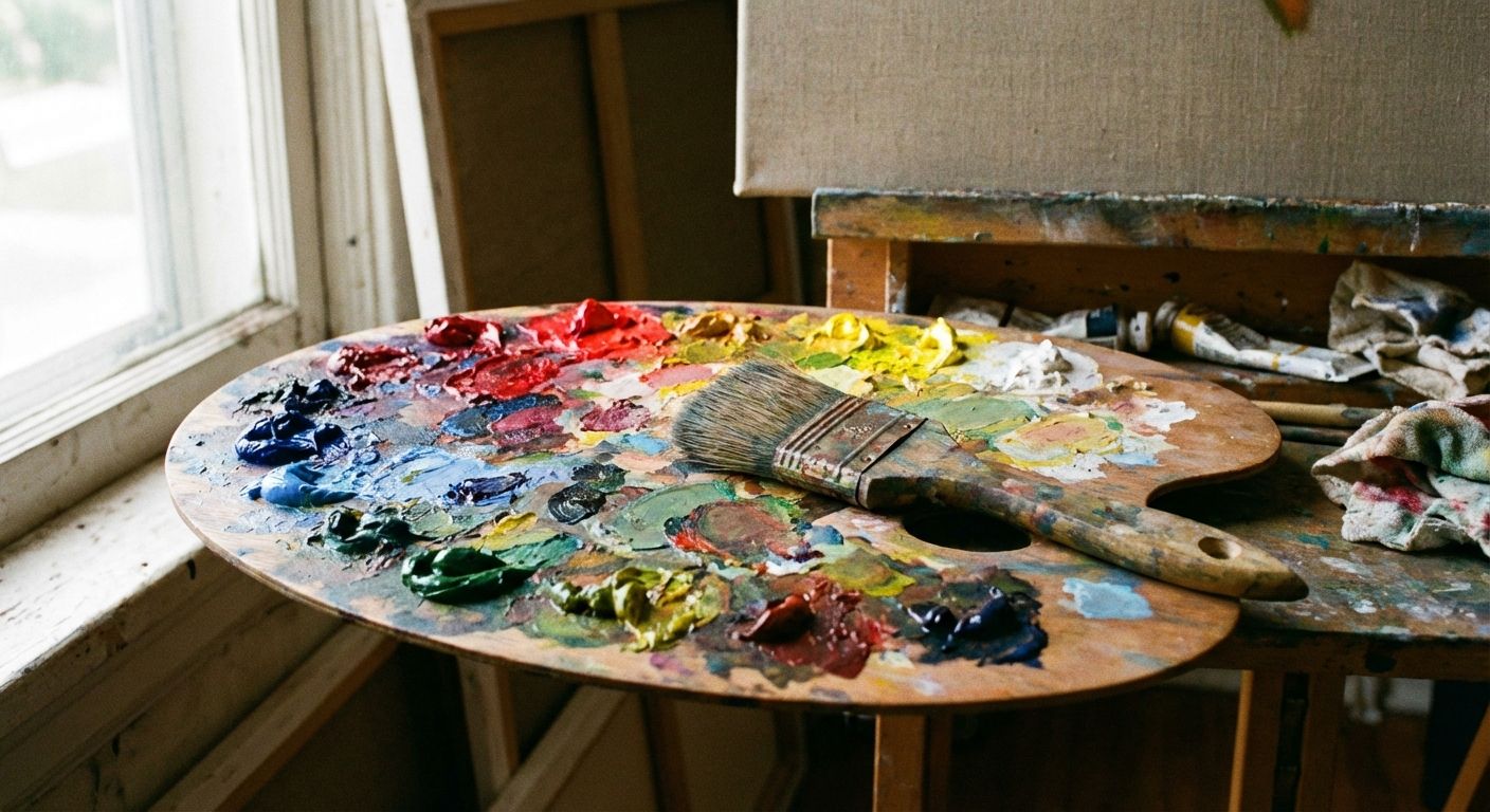 Here's a description to generate a similar image:

Capture a painter's workspace in a natural light, still-life shot. The focus is a well-used, oval wooden palette laden with thick globs of vibrant oil paints – reds, blues, yellows, and greens. A large, wide paintbrush rests across the palette, covered in dried paint. Place the palette on a paint-splattered wooden table beside a window with a white frame. The background includes an easel with a blank canvas and used paint tubes and rags. The overall aesthetic should be realistic and intimate, capturing the tactile nature and colorful chaos of artistic creation. The scene has a soft, diffused lighting, emphasizing texture and detail.