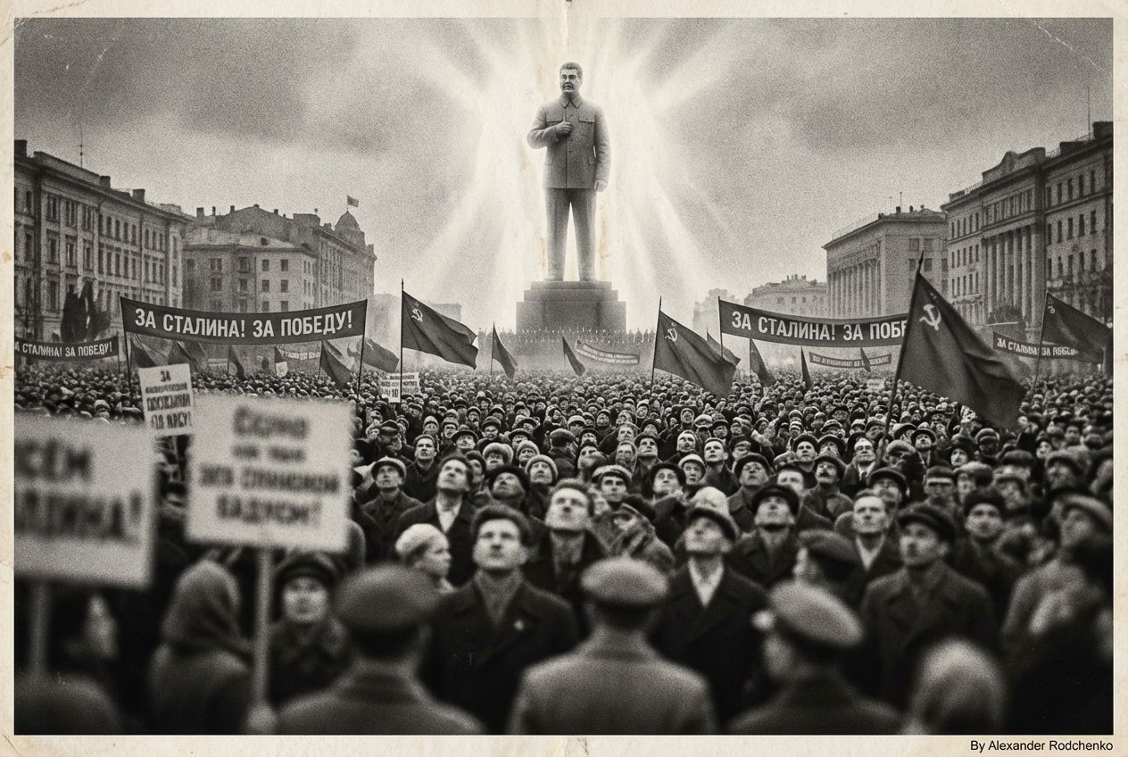 A black and white photograph in the style of Soviet propaganda art, showing a massive crowd with banners and flags, all focused on a single, towering figure of Joseph Stalin in the distance, bathed in light. The foreground is slightly out of focus to emphasize the scale and power dynamic.