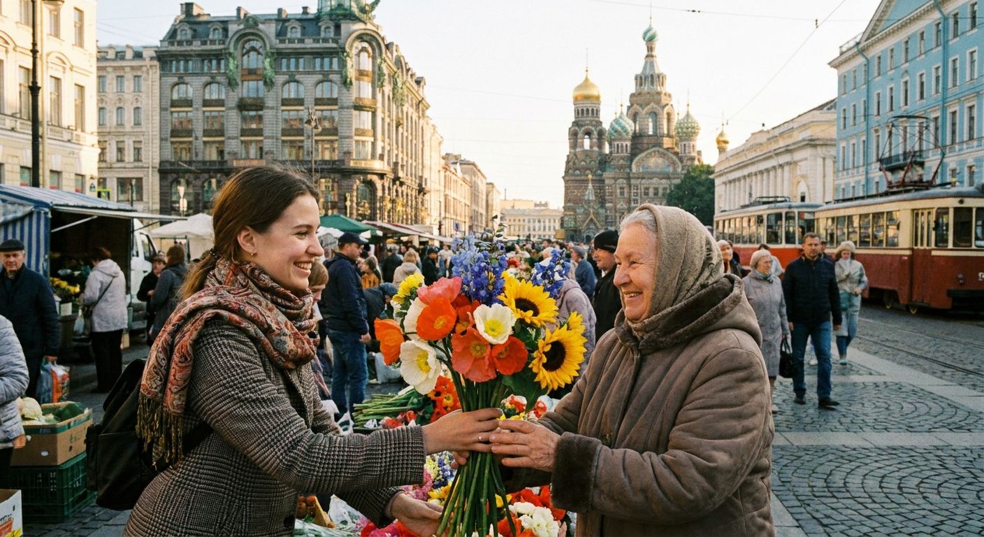 A candid eye-level photograph of a young woman handing a vibrant bouquet of fresh flowers to an older woman, both smiling warmly, on a bustling market street in St. Petersburg, Russia. The scene is bathed in soft, golden morning light, highlighting the textures of the flowers and the intricate details of nearby historical architecture in the background.