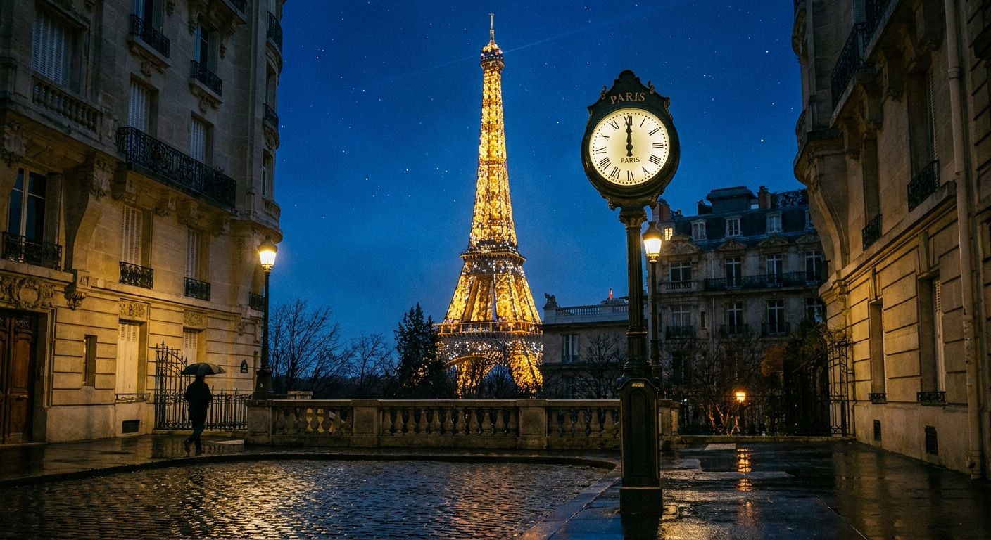 A striking, cinematic photograph of the Eiffel Tower dramatically lit against a deep blue night sky at midnight. In the foreground, a classic ornate Parisian street clock clearly shows twelve o'clock, capturing the quiet elegance of Paris at night.