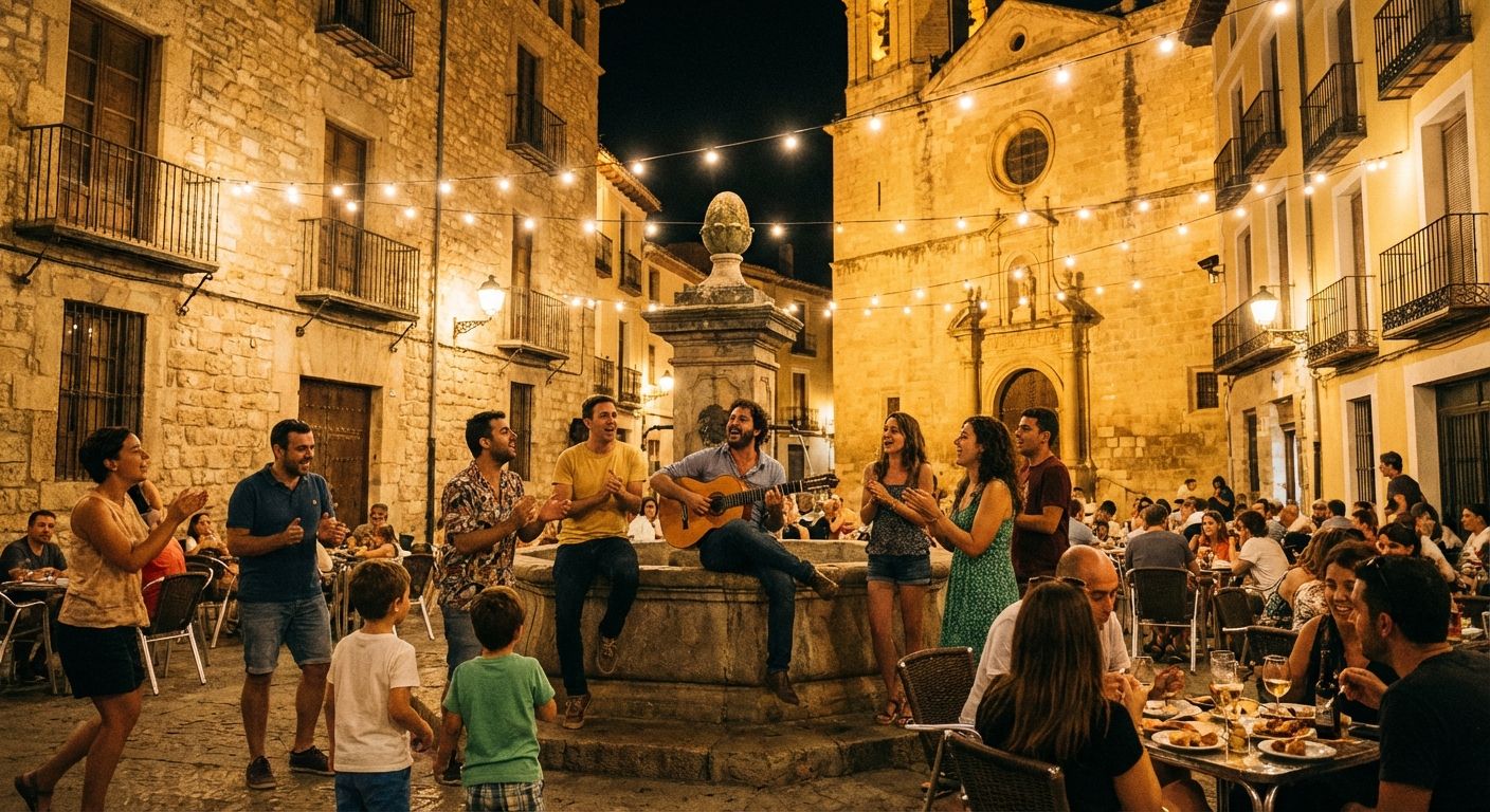 A lively outdoor evening scene in a Spanish plaza, with a group of friends gathered around someone playing an acoustic guitar. Warm string lights illuminate the joyful atmosphere, capturing the essence of shared leisure and cultural enjoyment.
