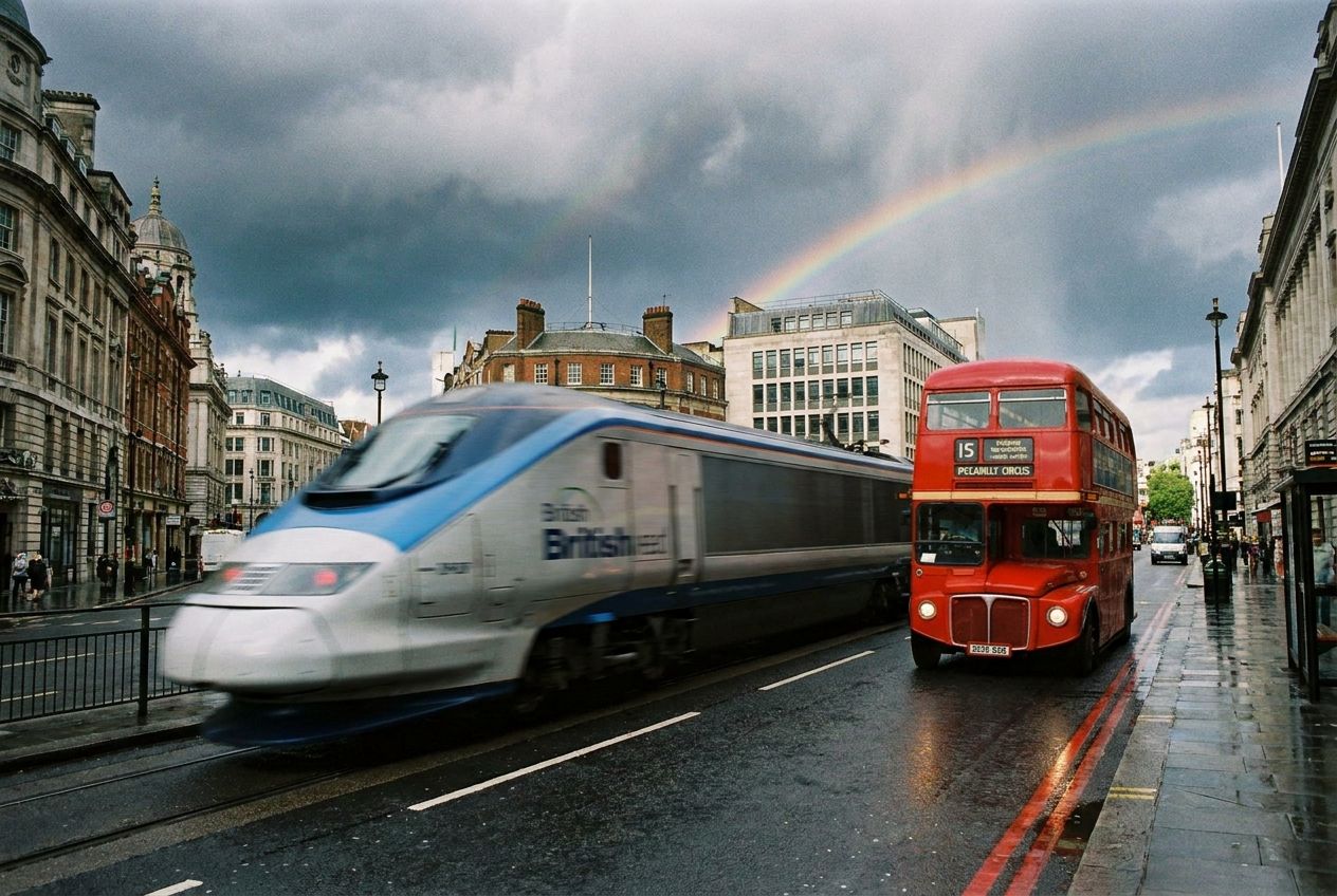 A sleek, modern British train races along tracks, creating a dynamic blur, as it overtakes an iconic red double-decker bus on a parallel road in a bustling British city. The scene is captured with a wide-angle lens, emphasizing the speed and contrast between the two vehicles under a dramatic sky, suitable for a 3:2 landscape photograph.