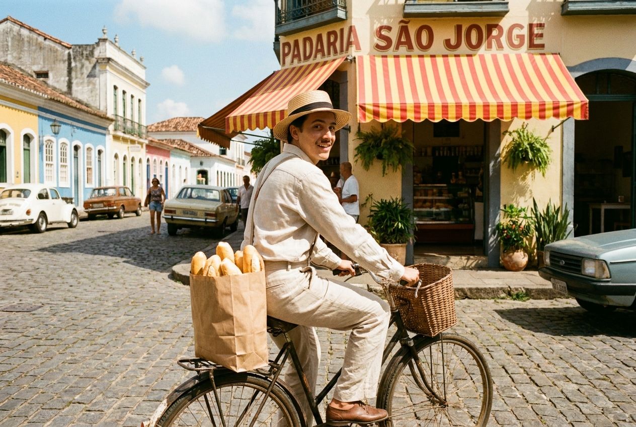 A candid photograph taken on a sun-drenched street in a charming, slightly vintage Brazilian town. A person in casual clothing is riding a classic bicycle, carrying a paper bag with freshly baked pão francês, having just left a traditional Brazilian padaria with a colorful awning. The scene captures a warm, everyday routine and the nostalgic feeling of "how things used to be," composed for a 3:2 landscape frame.