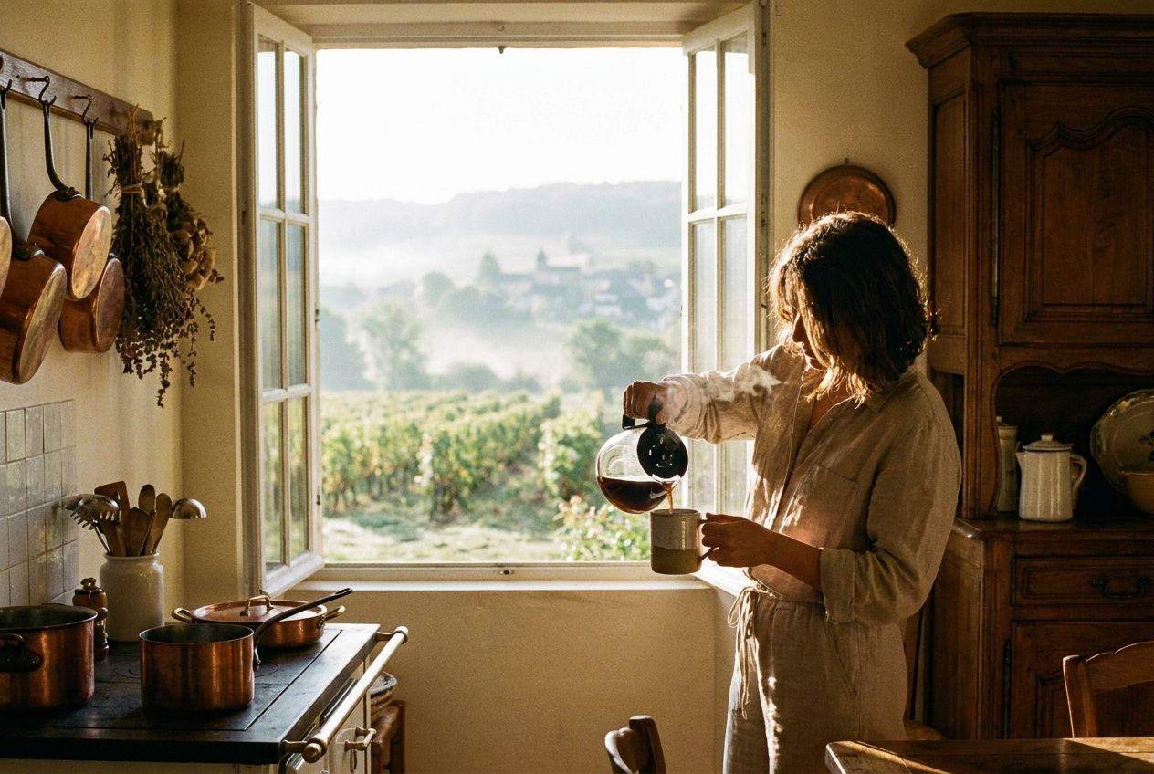 A person in a sunlit French kitchen quickly pouring coffee into a mug, with a wide window in the background revealing a picturesque, misty French vineyard stretching into the distant horizon, composed for a 3:2 landscape frame.