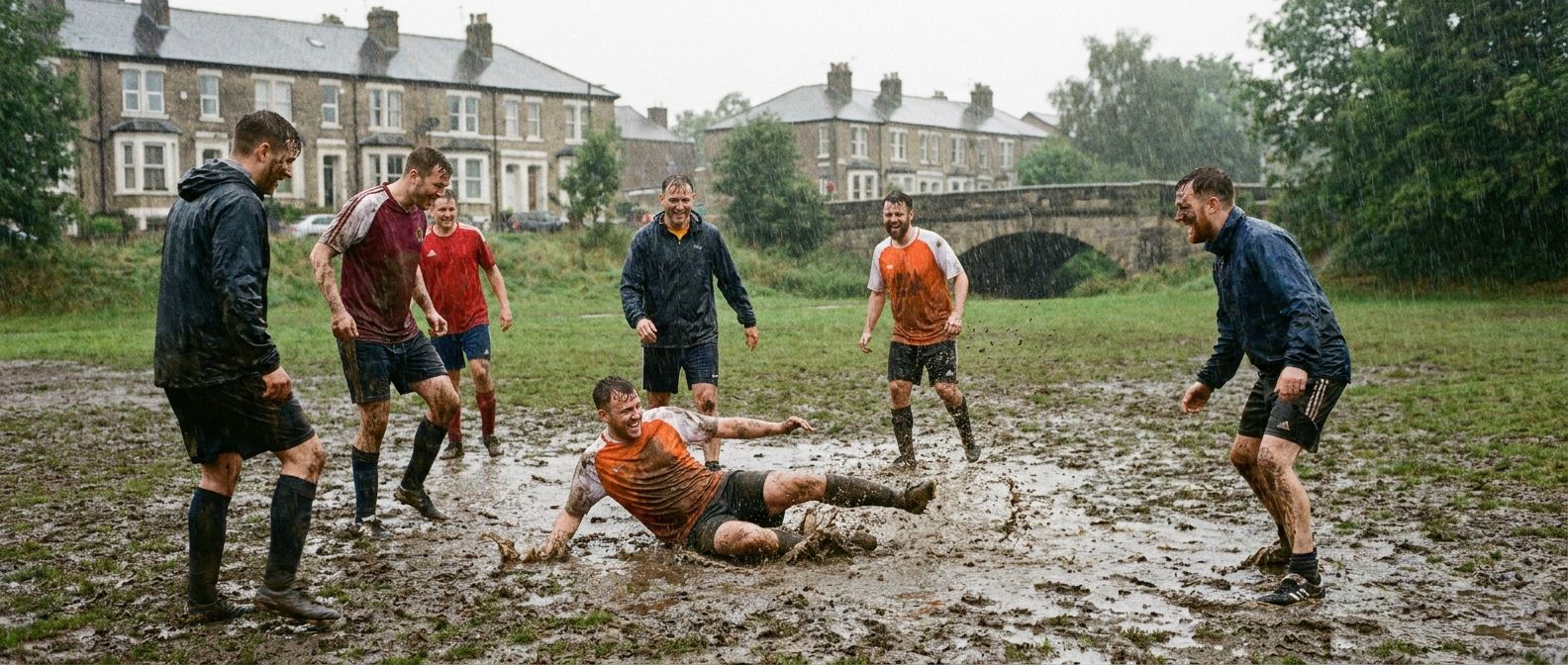 A group of friends energetically playing football on a muddy pitch in a British park, rain pouring down around them, yet they are laughing and clearly enjoying the game. The scene captures a vibrant contrast between the challenging weather and their enthusiastic determination, with classic British architecture subtly in the background. Wide-angle photograph.
