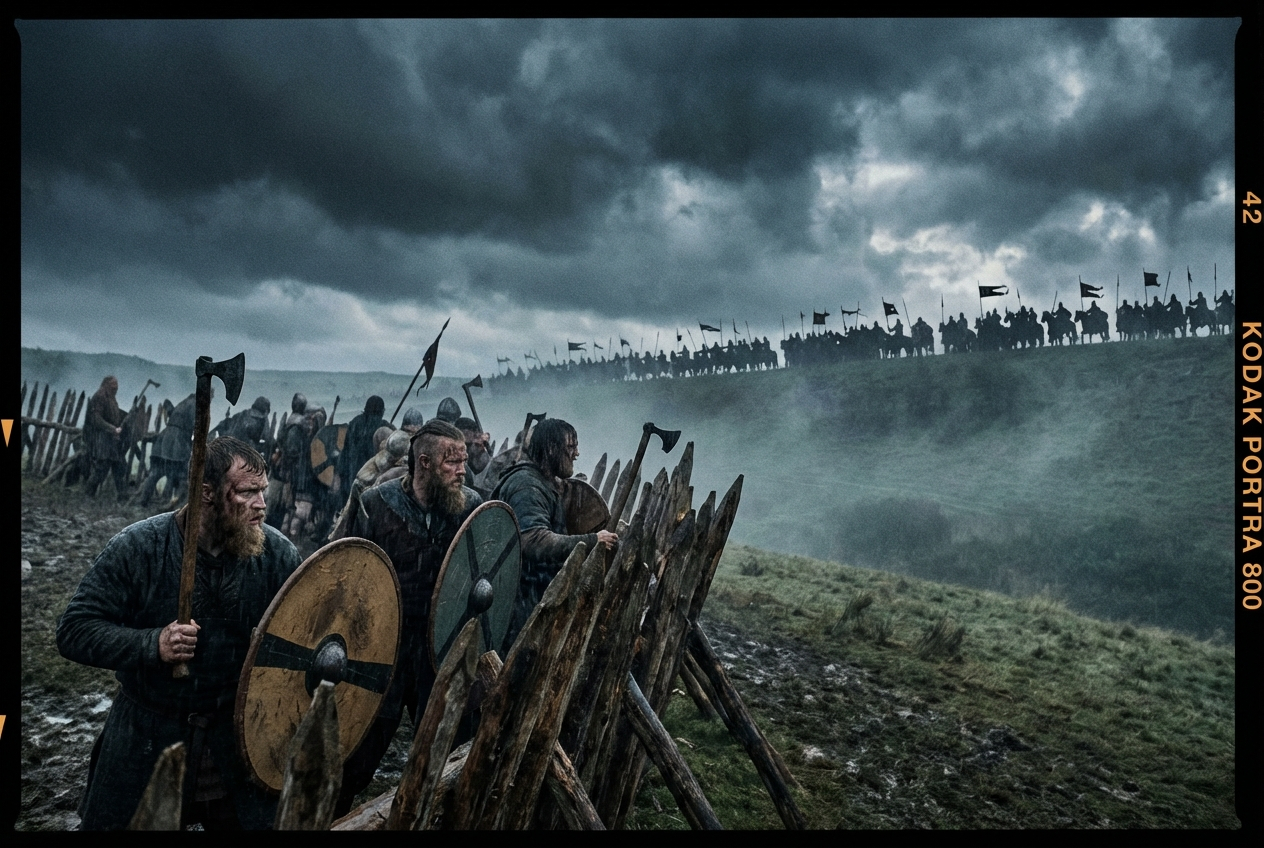 A dramatic, wide-angle photograph captures the tension of impending conflict. In the foreground, a group of Anglo-Saxon warriors, armed with round shields and axes, stand ready behind a sturdy wooden palisade on a hill. In the misty distance, the silhouette of a Norman cavalry charge is just visible on the horizon, under a dramatic, cloudy sky, composed for a 3:2 landscape frame.
