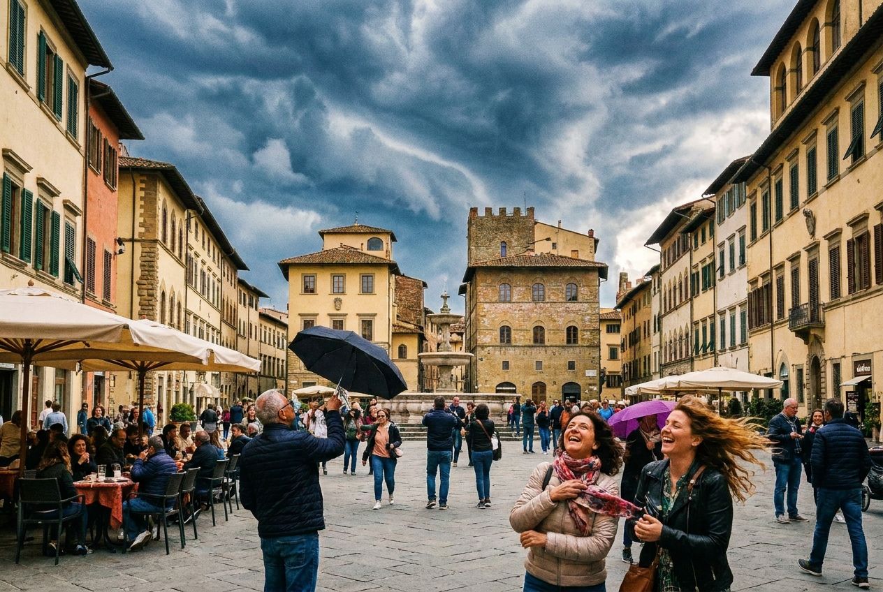 A vibrant, bustling piazza in an Italian city, filled with locals and tourists, captured under a dramatic, swirling sky that hints at changing weather. The scene should feel dynamic and alive, with people reacting subtly to the elements, in a vivid 3:2 landscape photograph.