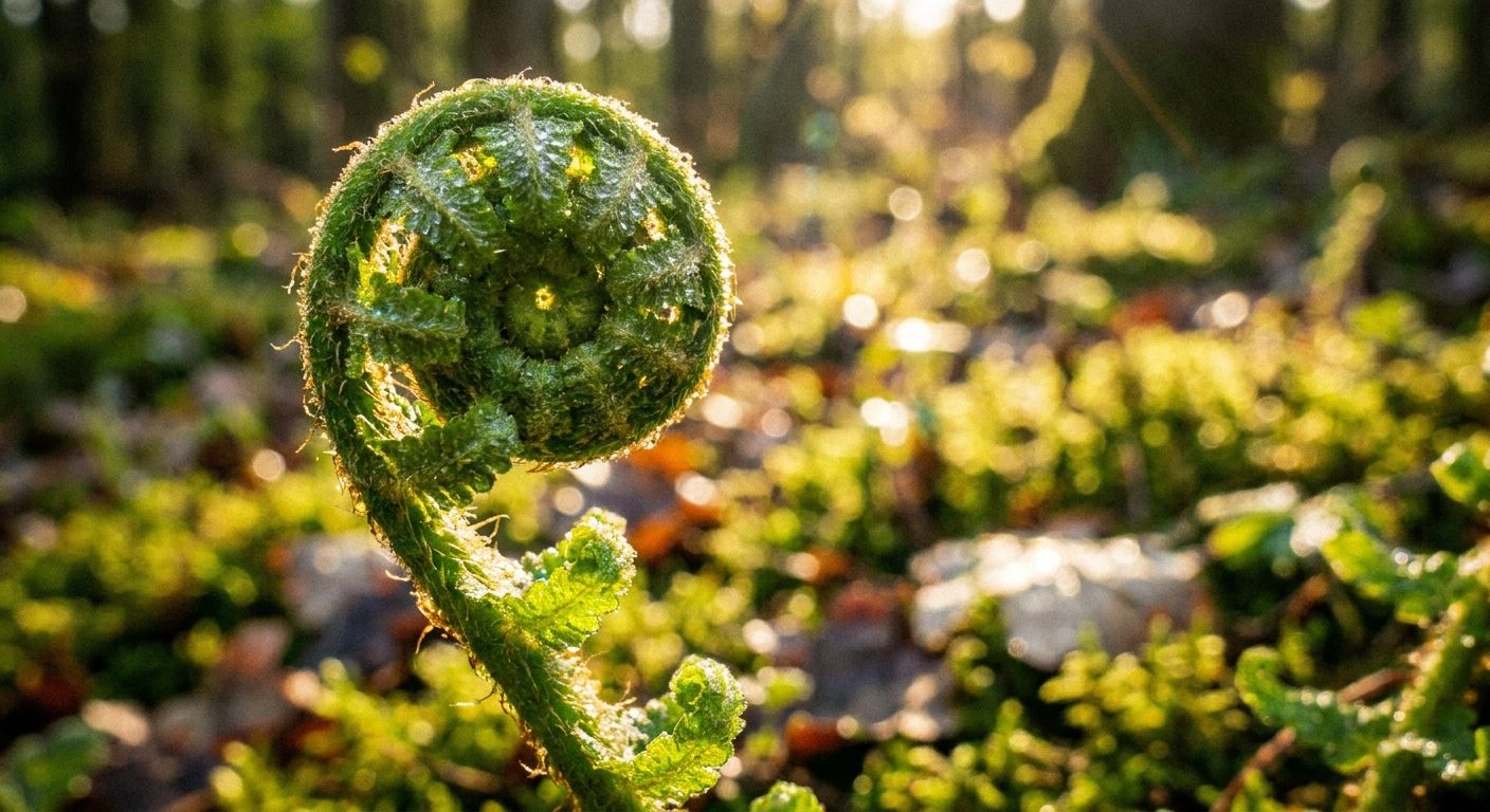A dramatic extreme close-up of a vibrant green fern frond, unfurling against a soft, blurred background of a sun-dappled forest floor. The frond is covered in delicate dew drops, catching the golden light, symbolizing growth, potential, and the intricate beauty of natural cycles.