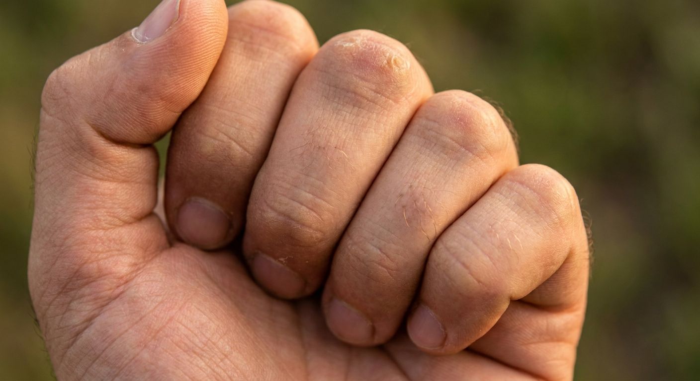 A powerful, extreme close-up photograph of a healthy human hand, strong and slightly clenched, with clear, resilient skin, symbolizing the body's natural defenses and immunity against disease. The background is softly blurred, focusing all attention on the hand's protective strength.