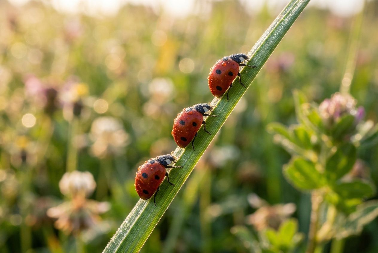 A macro photograph of three vibrant red ladybugs, each with distinct black spots, crawling in a neat, ascending line up a single dew-kissed green blade of grass. The background is a soft, diffused bokeh of a natural garden, illuminated by warm, morning light, composed for a 3:2 landscape frame.