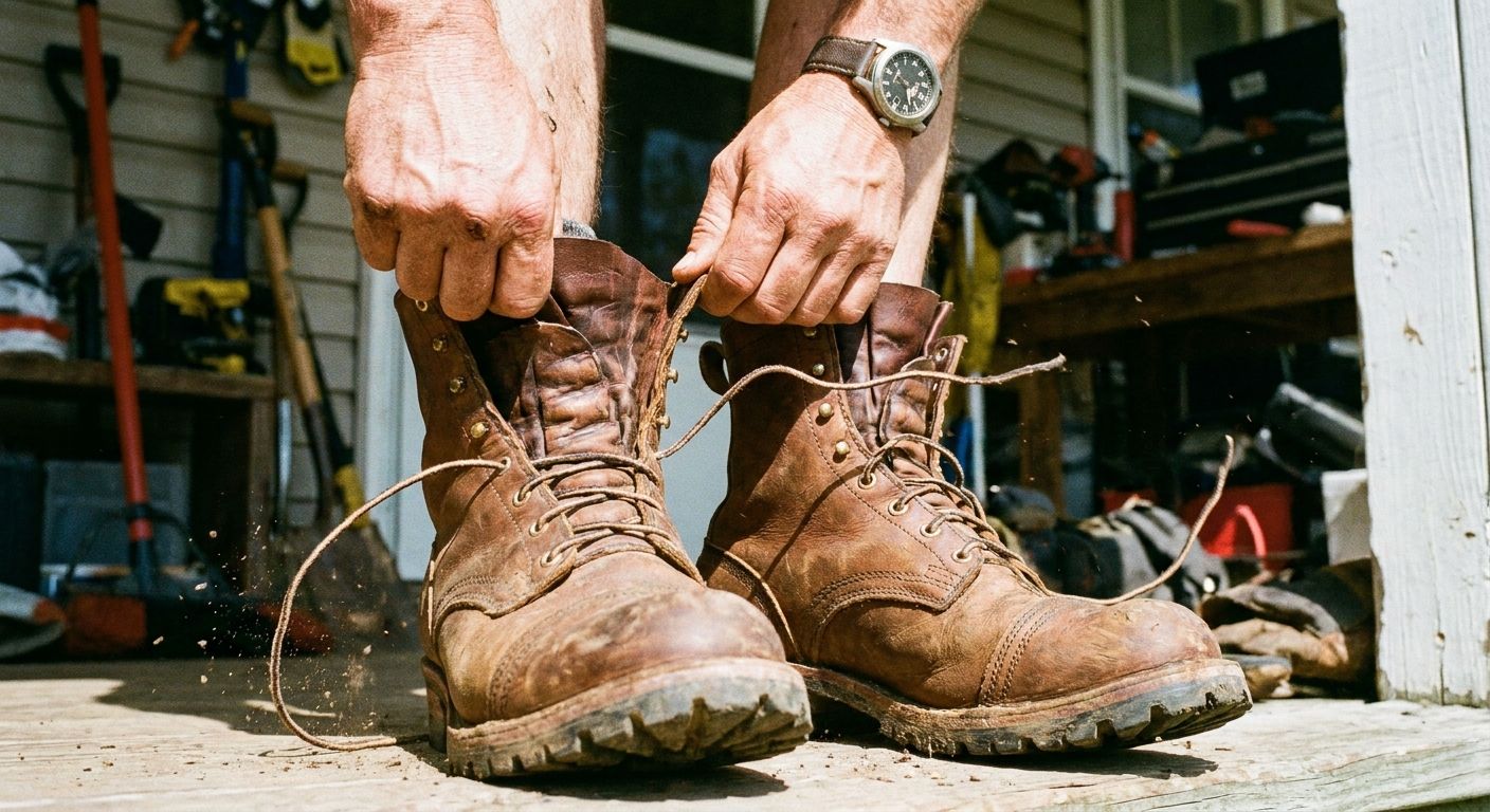 A dynamic, close-up photograph of hands quickly pulling on a pair of sturdy leather boots. The boots are partially on, showing the active motion of putting them on, with a sense of urgency or readiness. The scene is brightly lit, capturing vivid textures.