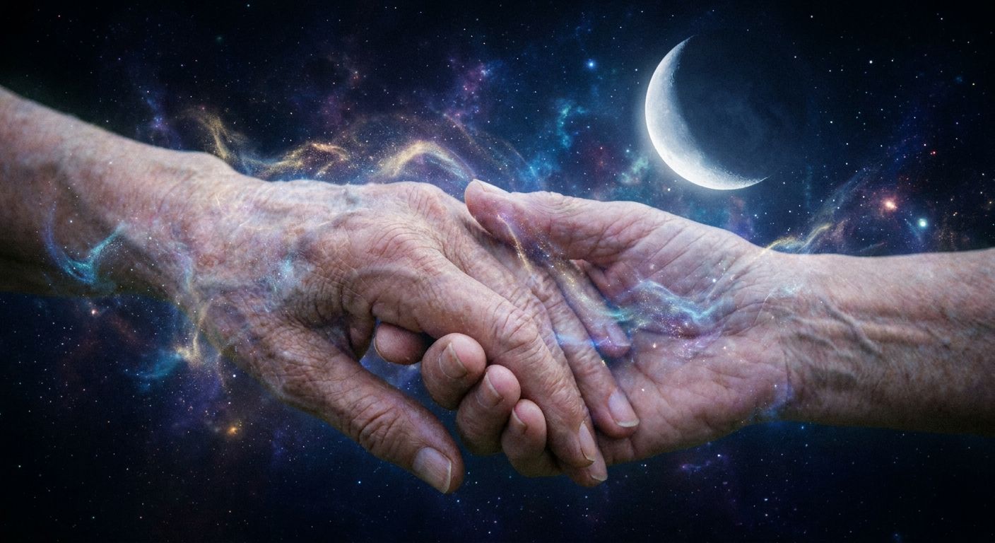 A close-up, intimate photograph of two hands gently intertwined, bathed in soft, ethereal starlight. Subtle, luminous cosmic dust swirls around their connection, set against a deep, velvety night sky with a prominent crescent moon, evoking destiny and profound connection.