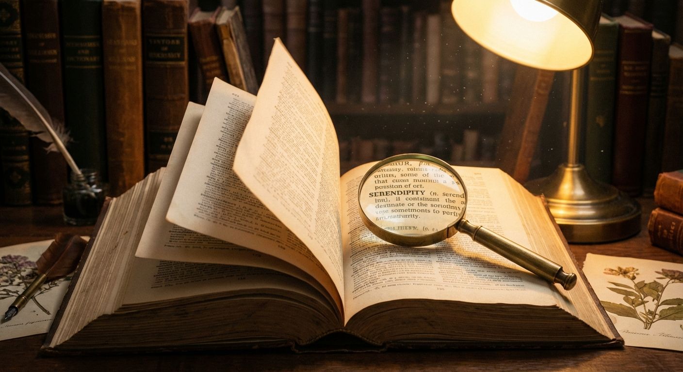 This image evokes a classic, scholarly aesthetic. The central focus is an open, aged book with slightly tattered pages, illuminated by a brass-colored desk lamp that casts a warm glow. A brass magnifying glass rests on the pages, enlarging the word "serendipity." The background is filled with rows of old books, suggesting a well-stocked library. To the side, there's a quill pen and inkwell, along with botanical drawings. The color palette is dominated by warm tones: browns, yellows, and muted greens, contributing to an atmosphere of nostalgia and intellectual curiosity. The composition is carefully arranged to draw the eye towards the book and the interplay of light and shadow.