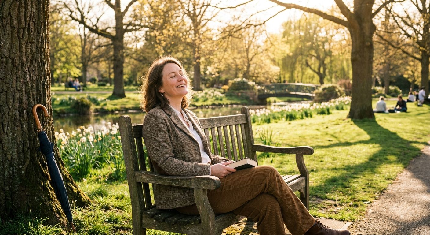 A vivid photograph of a person relaxing on a surprisingly sunny day in a beautiful British park, perhaps sitting on a bench or strolling leisurely, looking completely at ease. A closed umbrella leans subtly against a nearby tree or bench, implying it was brought but ultimately not needed.