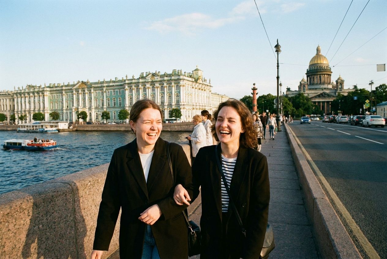 A candid, wide-angle photograph of two friends laughing warmly as they walk together along a scenic river embankment in a historic Russian city, with elegant architecture in the background. The scene is bathed in the golden light of late afternoon, emphasizing their connection and the vibrant atmosphere, composed for a 3:2 landscape frame.