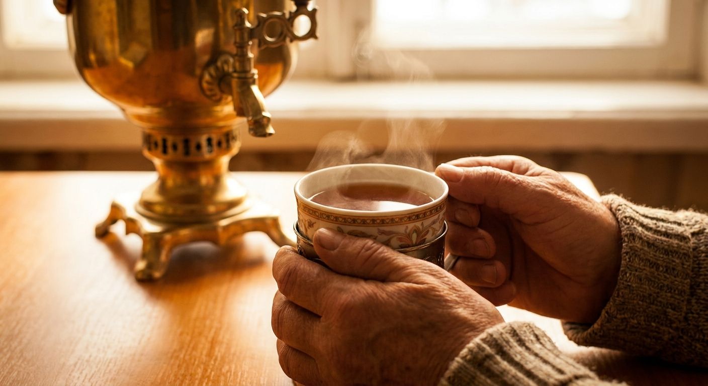 A close-up, warm-toned photograph of a person's hands gently cradling a traditional Russian teacup, with steam softly rising from the amber liquid, and a blurred, ornate samovar in the background. Soft, inviting light illuminates the scene, evoking a sense of calm enjoyment and pleasure.