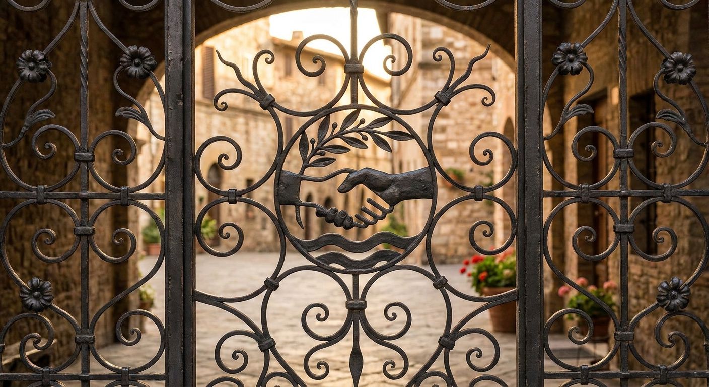 A dramatic close-up photograph of ornate, antique Italian wrought-iron gates, showcasing intricate patterns where individual metal scrolls and bars are beautifully forged and intertwined, symbolizing the merging of elements. The gate is set against a softly blurred, sunlit Italian piazza in the background.