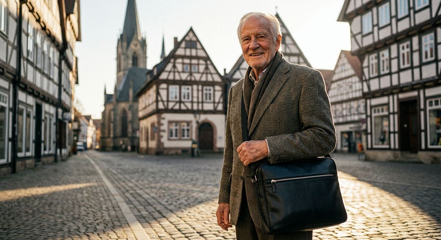 A dramatic close-up photograph of a distinguished, elderly German man with a kind smile, standing next to a sleek, modern leather messenger bag on a sunlit cobbled street in a charming German town, highlighting the visual contrast between old and new.