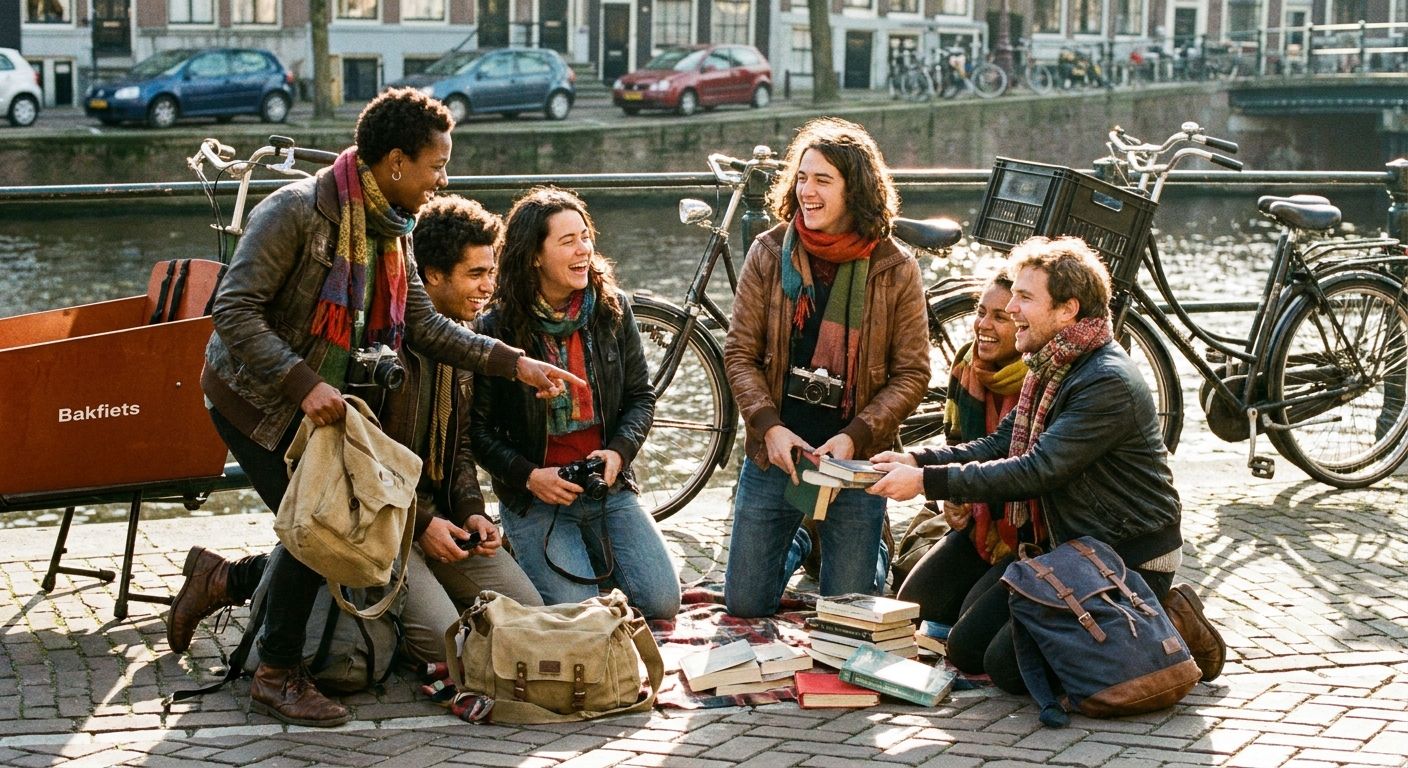 A vibrant, candid photograph of a group of friends gathering their belongings after a day out in a picturesque Dutch city. Bicycles, bags, and books are casually arranged around them near a canal, with sunlight highlighting the textures and colors of their personal items, emphasizing the concept of 'mine,' 'yours,' and 'theirs' in an everyday context.