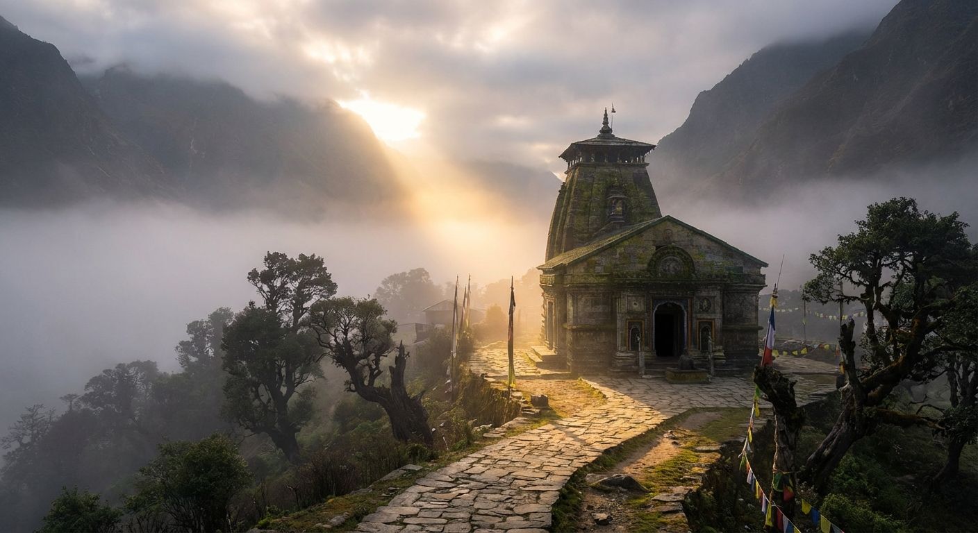 The image showcases a weathered temple nestled in a misty mountain landscape at dawn or dusk. The temple is constructed from grey stone, and it looks ancient. The architecture is of traditional design, with a central spire. A winding stone path leads up to the temple, bathed in warm light.

Fog fills the valleys, partially obscuring the surrounding mountains. The light filters through the clouds, creating an ethereal glow. Prayer flags adorn the temple grounds. The style is realistic, with a focus on natural lighting and atmospheric perspective. The colors are muted and earthy. The overall mood is peaceful and mystical.