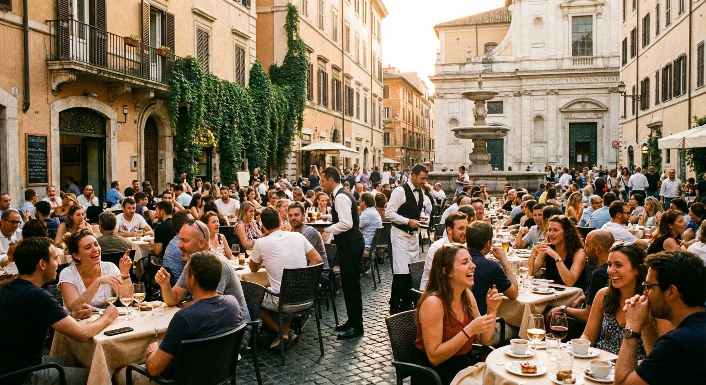 This image depicts a lively outdoor dining scene in a European city square, likely Rome or a similar Italian setting. The style is realistic, capturing a snapshot of a busy moment. The color palette is warm, with earthy tones dominating – beige and tan buildings, hints of red in the brickwork, and green foliage clinging to the walls. Numerous tables are set up on the cobblestone square, filled with people dining and conversing. Waiters in formal attire navigate the crowds. In the background is a baroque-style building with a fountain, adding to the ambiance. The composition is busy and focuses on the people, creating a sense of energy and immersion.
