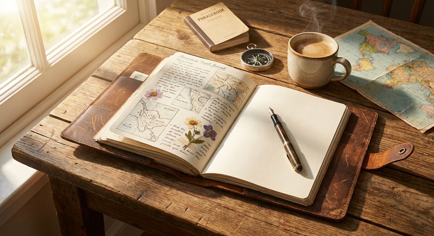 The image evokes a feeling of nostalgia and travel. It's a top-down shot on a weathered wooden desk bathed in warm, natural light from a nearby window. An open journal with a brown leather cover is the focal point, featuring handwritten notes, maps, and pressed flowers on one page, with a fountain pen resting on the blank page next to it.  A vintage phrasebook, compass, and a steaming mug of coffee sit to the side, along with a creased world map. The color palette is warm and muted, dominated by browns, creams, and soft greens. The overall style is rustic and cozy, suggesting a moment of quiet contemplation.