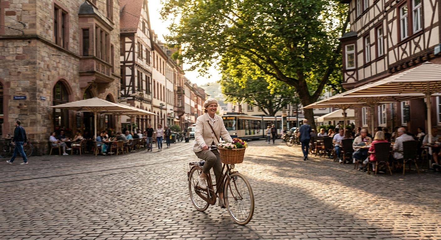 A dynamic photograph of a person joyfully cycling through a picturesque, tree-lined street in a bustling historic German city, with charming cafes featuring outdoor seating and classic architecture in the background. The scene should capture a sense of vibrant movement and being deeply immersed in a beautiful European urban landscape under warm sunlight.