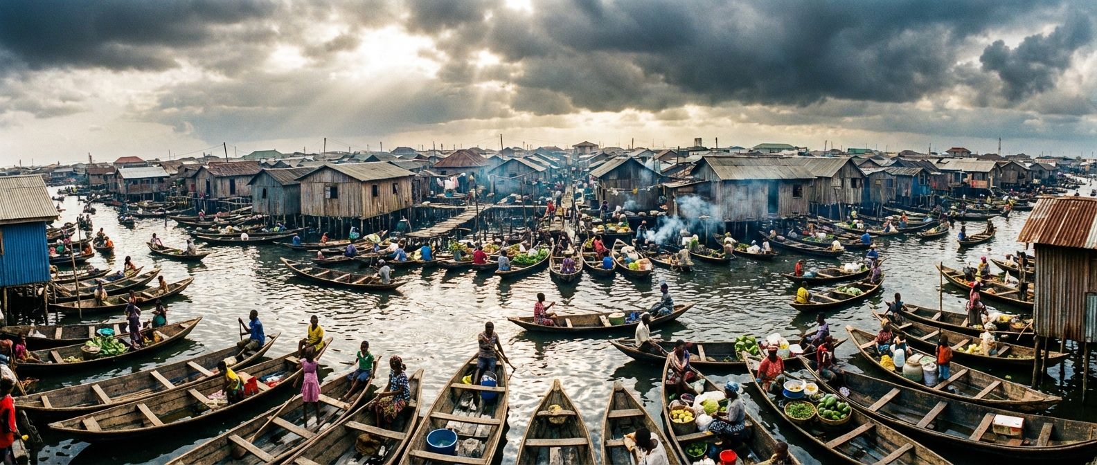A wide-angle, vivid photograph capturing the bustling Makoko floating community in Lagos, Nigeria, built on stilts over the lagoon. The scene shows an intricate network of wooden structures and pathways, with small boats navigating the waterways, and people engaged in daily life amidst a dynamic, atmospheric sky.