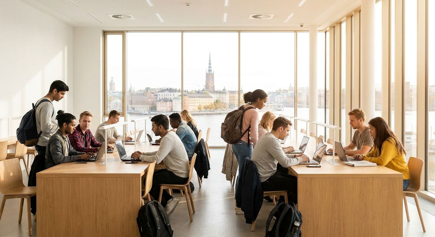 A diverse group of students are deeply focused on studying at large, communal tables within a brightly lit, modern Swedish library, featuring clean lines and expansive windows that offer a glimpse of a serene Swedish cityscape. The atmosphere is calm and productive, bathed in soft natural light, highlighting "the students" as a specific, definite group.