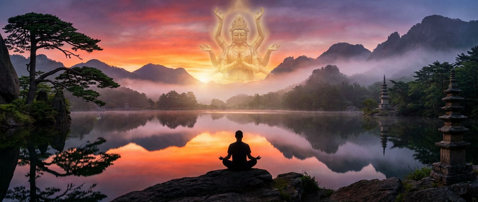 A serene, wide-angle photograph of a lone meditator in a traditional lotus posture, silhouetted against a vibrant sunrise over a perfectly still, reflective mountain lake in an East Asian landscape. A subtle, ethereal glow of a Bodhisattva figure is gently rising from the mist above the water, embodying deep tranquility and spiritual insight.