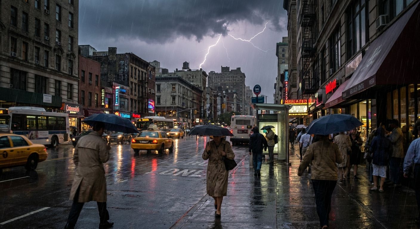 A dramatic photograph of a bustling city street at dusk, with heavy rain creating luminous reflections on the wet asphalt. Lightning illuminates dark, ominous storm clouds in the distance, while pedestrians simultaneously rush for shelter, some opening umbrellas, capturing a moment of cause, consequence, and parallel action.