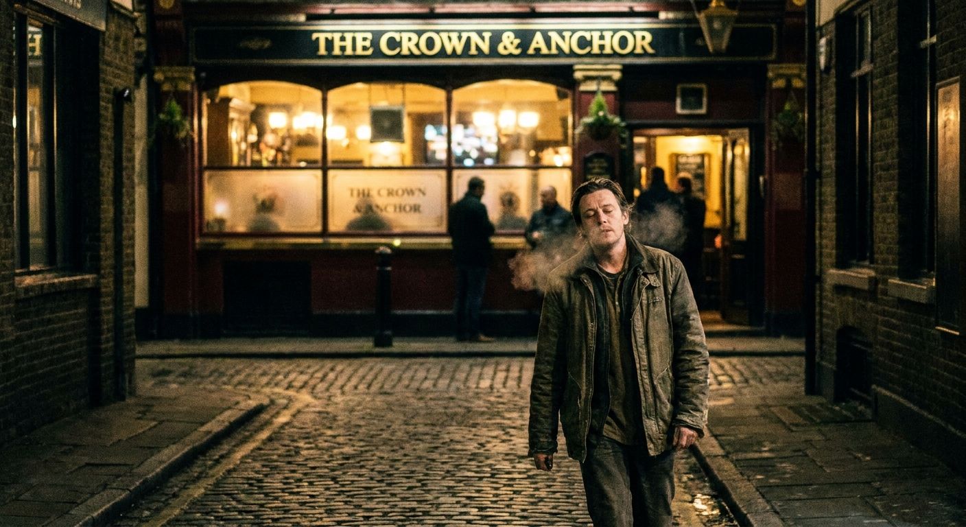 A person steps out of a dimly lit, bustling British pub into the cool night air, exhaling slowly with a subtle expression of relief and quiet contemplation. The warm glow of the pub windows blurs softly in the background, creating a vivid photograph of transition from social tension to personal solace.