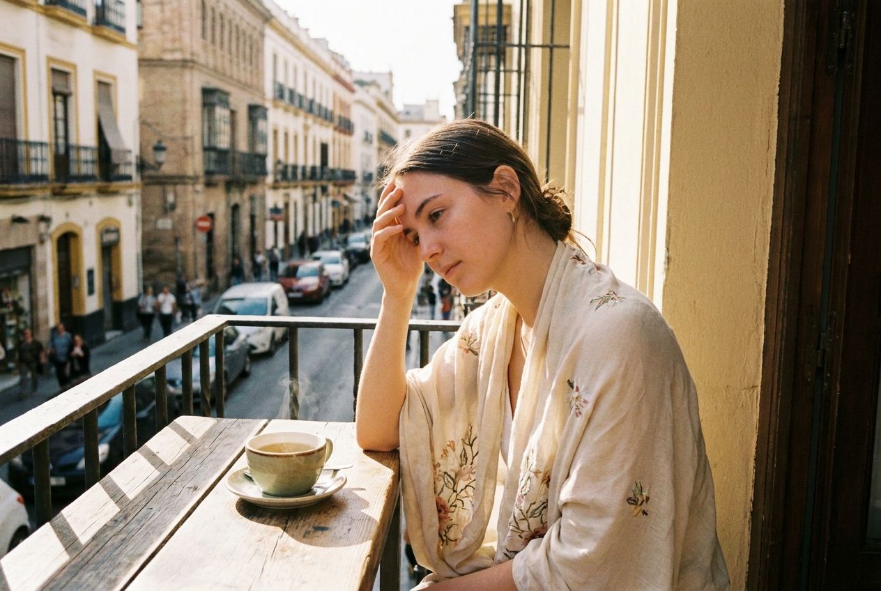 A pensive young woman, her hand gently touching her forehead, sits on a sun-drenched balcony overlooking a bustling street in a Spanish city. She is wrapped in a light shawl, a cup of herbal tea steaming on a small table beside her, bathed in warm, soft afternoon light. The scene captures a quiet moment of introspection amidst vibrant Spanish life, composed for a 3:2 landscape frame.