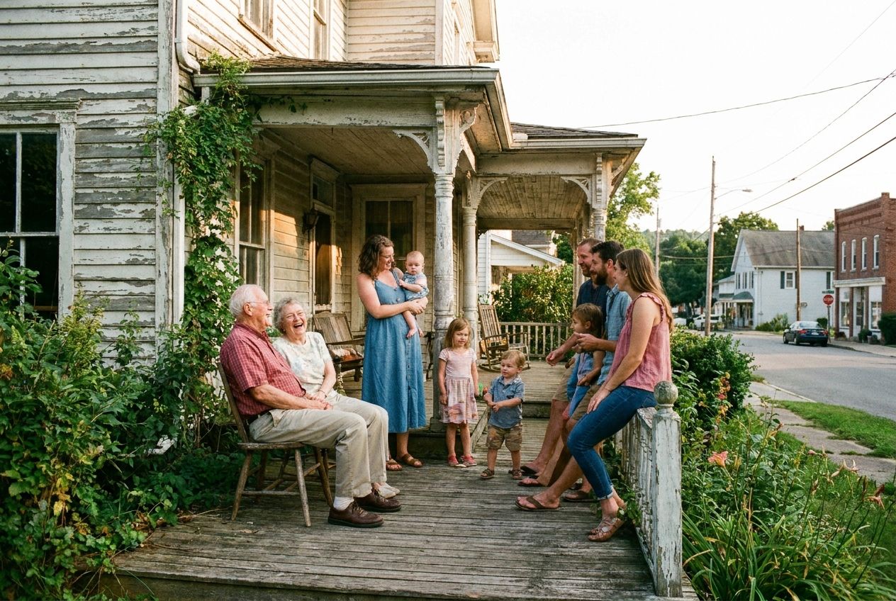 A beautiful, candid photograph of a multi-generational family, from a baby to an elderly grandparent, gathered on the porch of a charming old house in a picturesque small town. Bathed in warm afternoon sunlight, they are interacting naturally, laughing and sharing stories, embodying the passage of life and shared history in a 3:2 landscape frame.