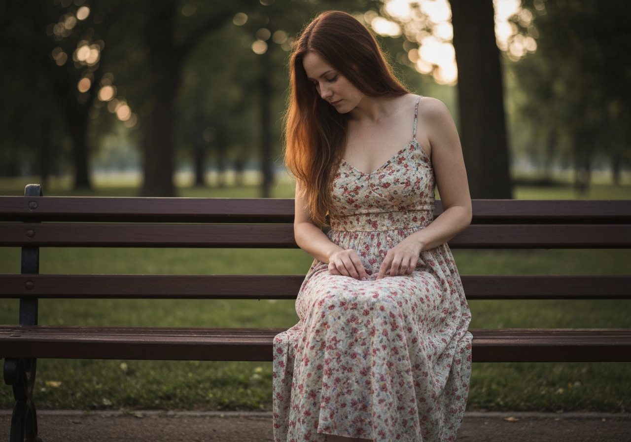 A candid, cinematic photograph of a thoughtful young woman sitting at a charming outdoor cafe in a picturesque French village square, gently stirring her coffee. She gazes subtly towards a lively, sun-drenched street scene with people strolling and quaint architecture in the background. The shallow depth of field emphasizes her reflective expression, composed for a wide, horizontal frame.