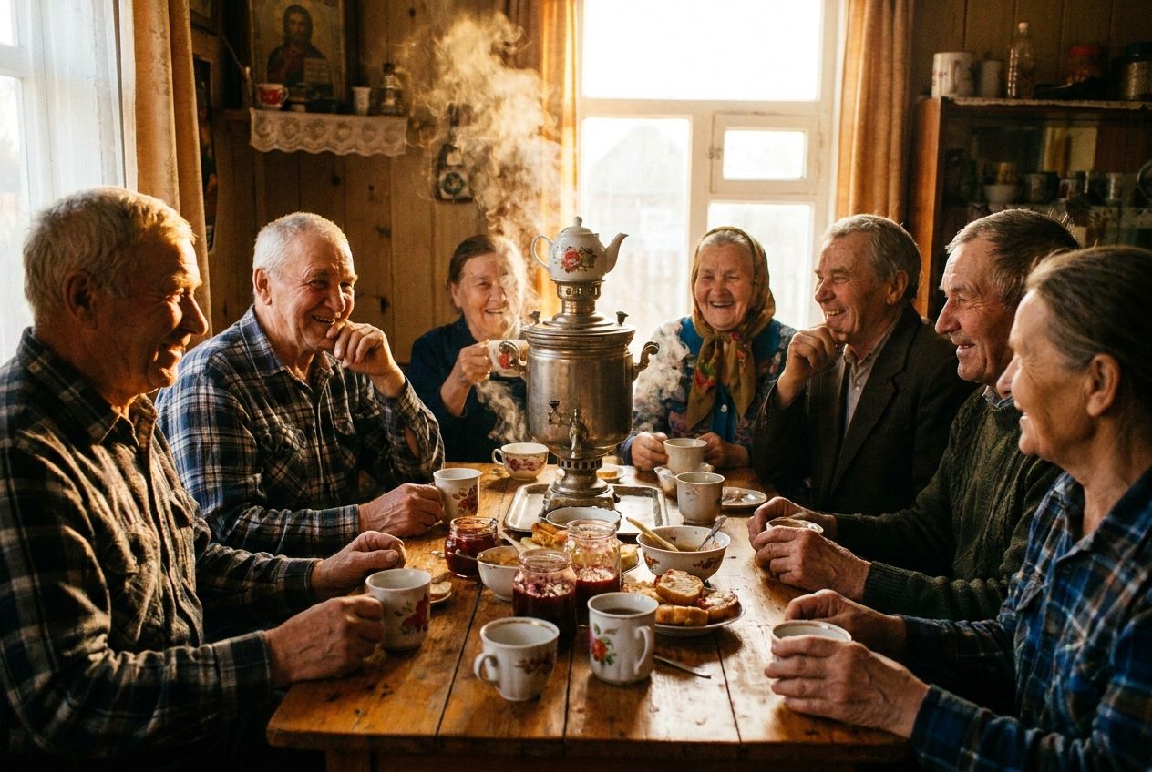 A close-up, warm-toned photograph of several elderly Russian men and women gathered around a steaming samovar on a rustic wooden table inside a cozy dacha. Golden light from a nearby window illuminates their expressive, weathered faces and hands as they share stories and laughter, creating a deeply nostalgic and timeless atmosphere, composed for a 3:2 landscape frame.