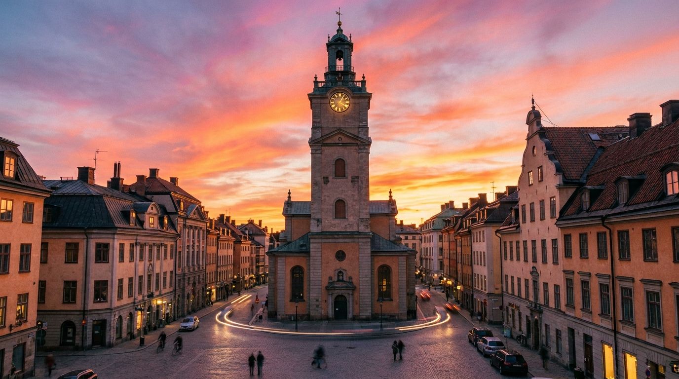A dramatic, wide-angle photograph of a majestic clock tower in a historic Swedish city square at sunset. The clock face is clearly visible against a vibrant sky, with warm light illuminating the surrounding traditional architecture and a few blurred figures walking below, conveying the flow of daily life and time.