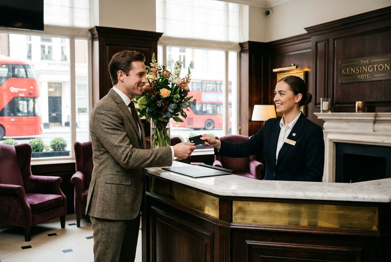 A mid-shot photograph of a well-dressed guest receiving a sleek keycard from a professional receptionist at an elegant hotel reception desk in London. The scene is brightly lit, showcasing sophisticated British hotel decor in a 3:2 landscape frame.